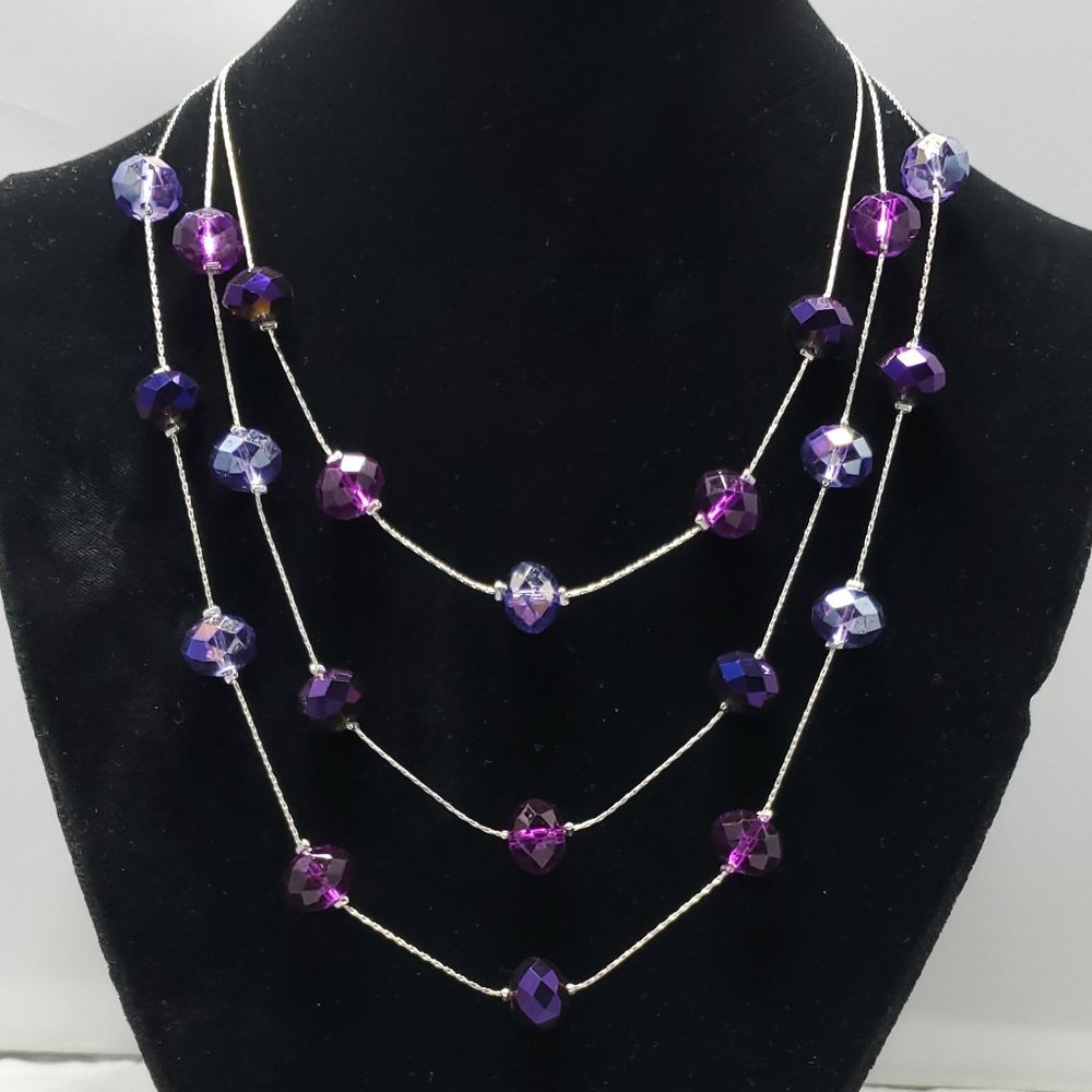 Amethyst color crystal multi layer graduated necklace with silver chain